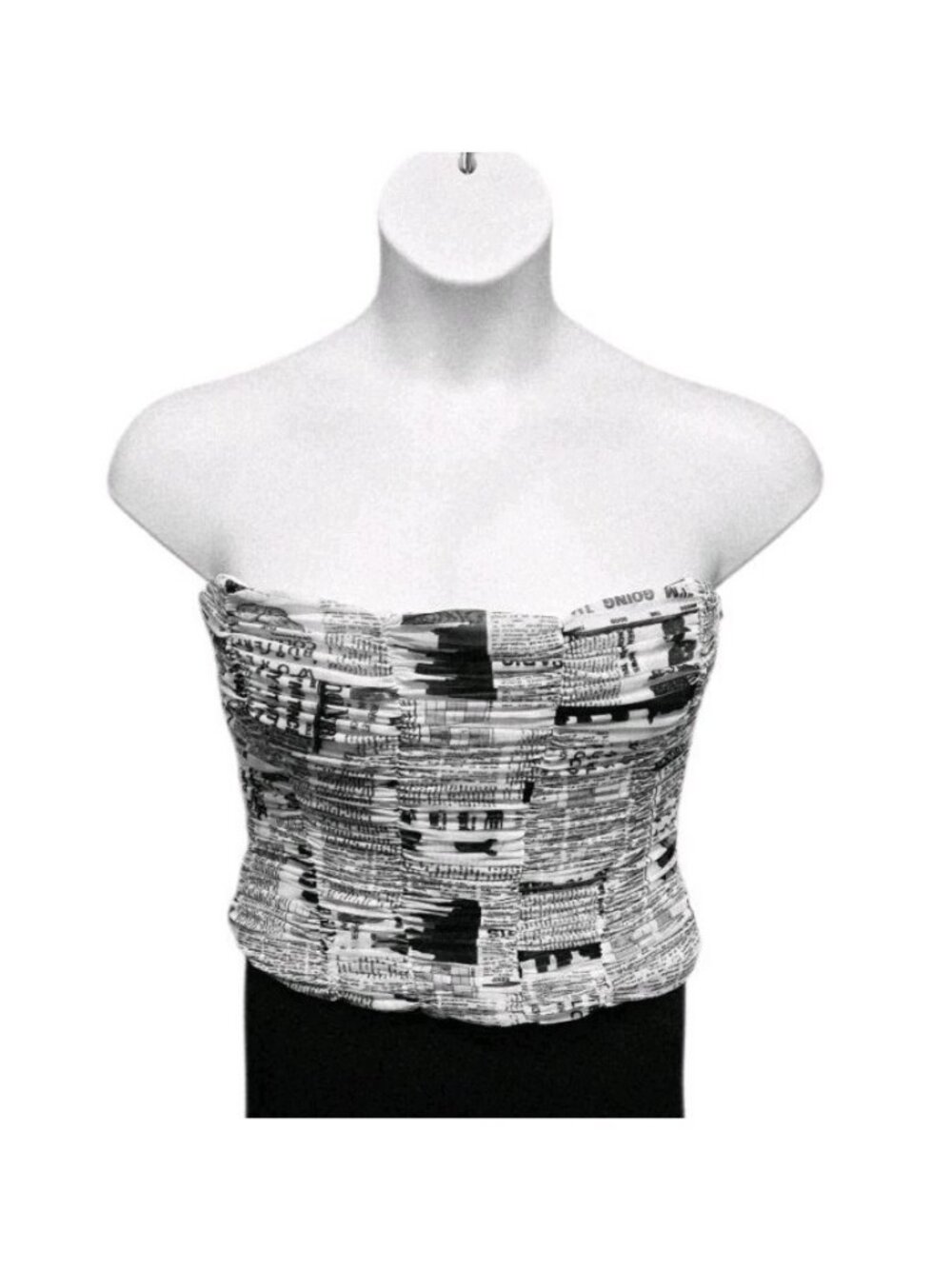 Zara Size Large Ruched Mesh Newsprint Bustier Corset Top Side Zip Indie Grunge